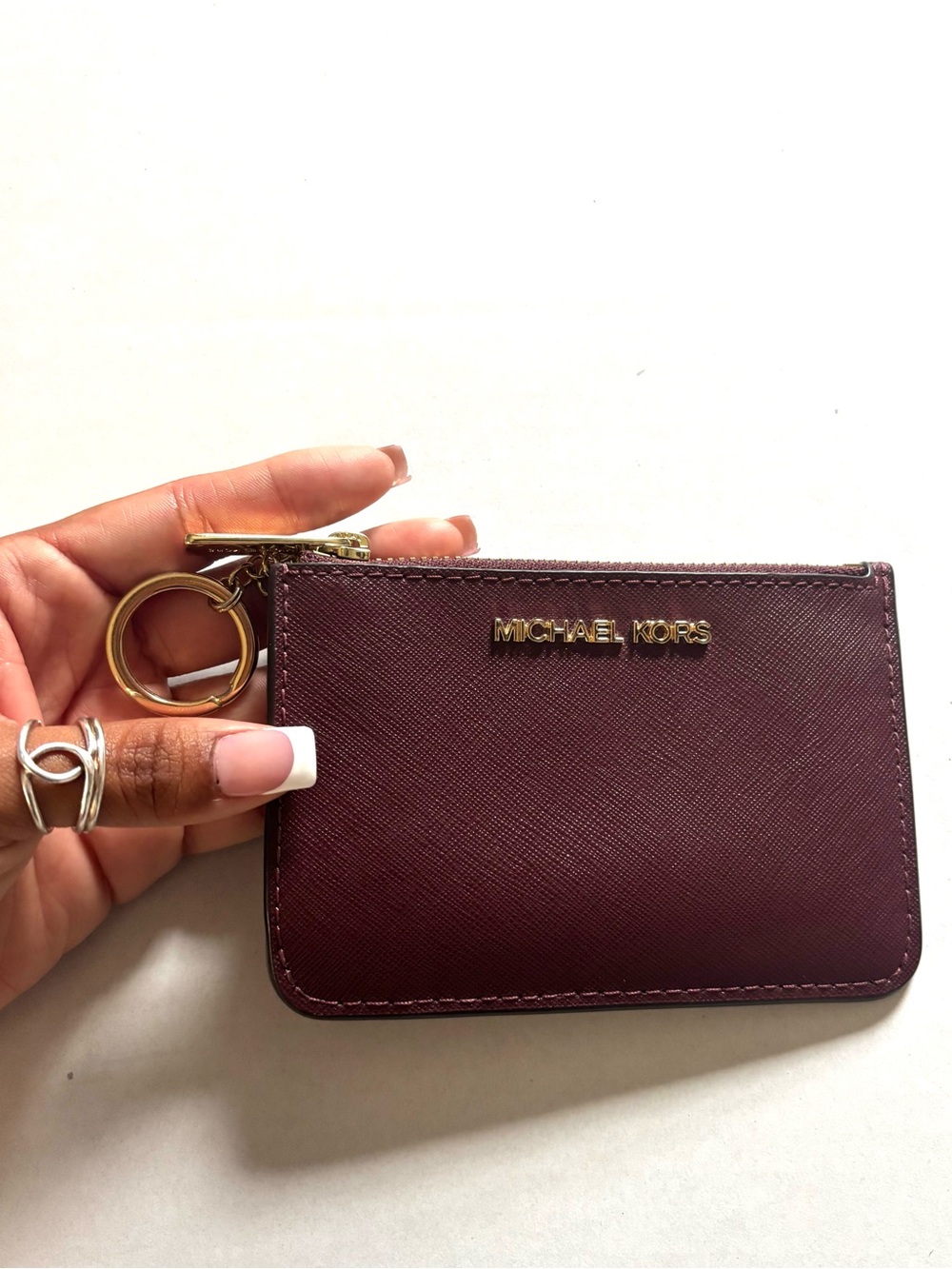 Michael Kors Burgundy Zip Card Case with Gold Keyring